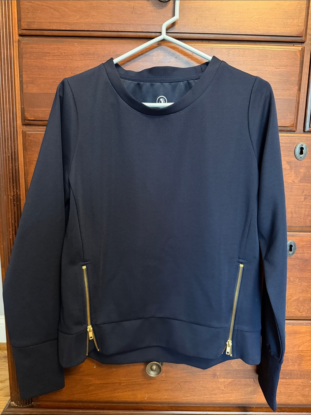 Addison Bay Navy Crewneck Pullover Top with Gold Zippers